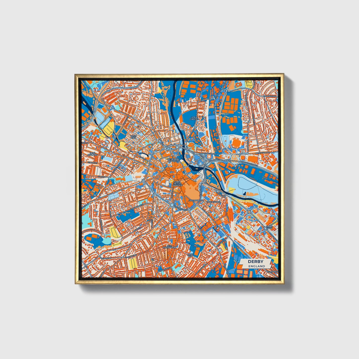 Derby England Colorful City Map Canvas Print • Gold Framed
