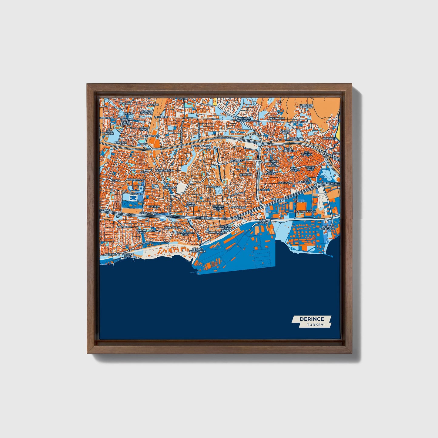 Deri̇nce Turkey Colorful City Map Canvas Print • Dark Wooden Framed