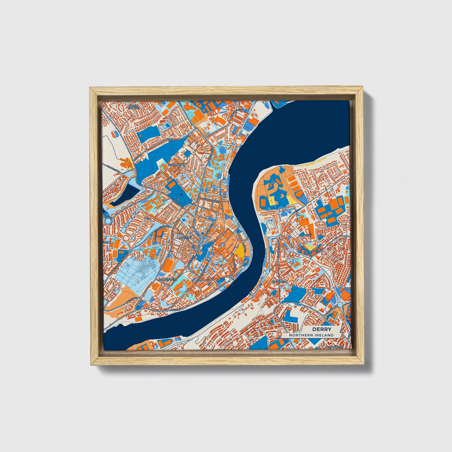 Derry Northern Ireland Colorful City Map Canvas Print • Natural Wooden Framed
