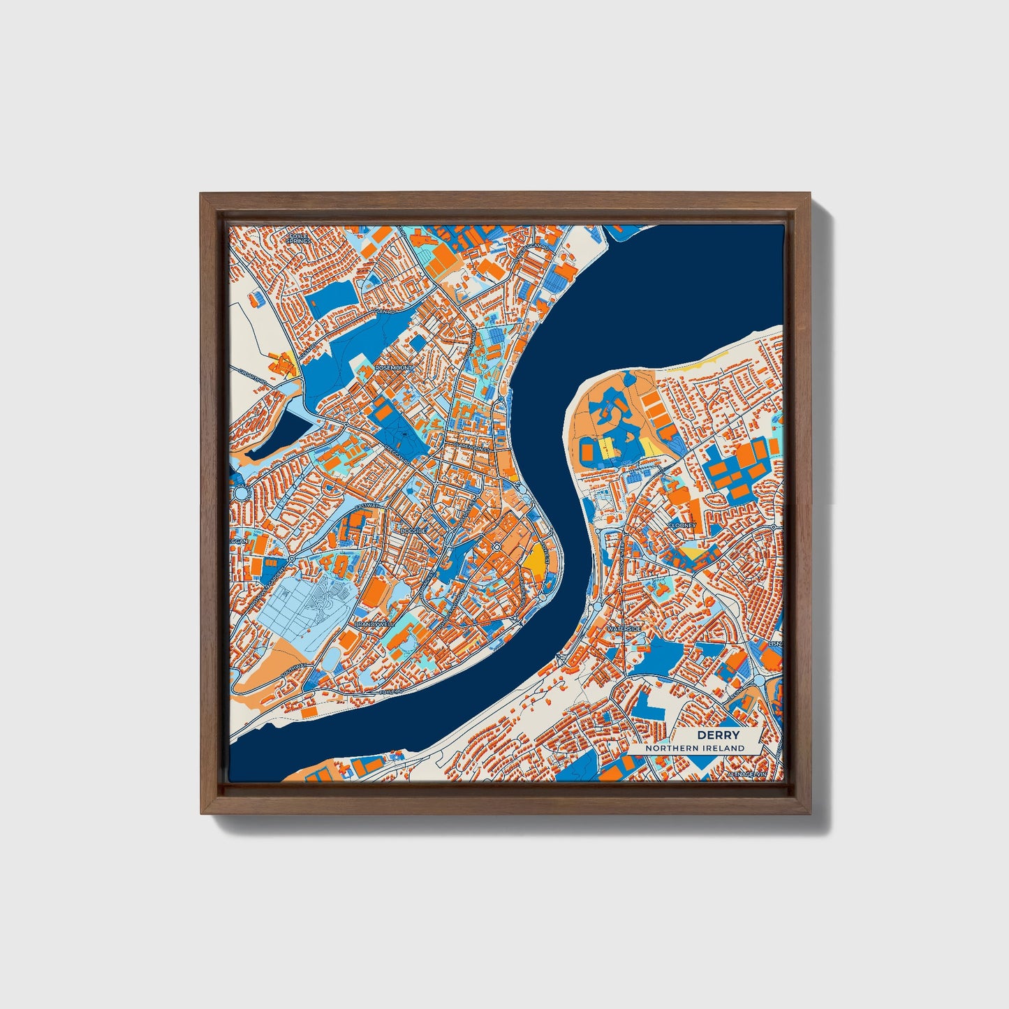 Derry Northern Ireland Colorful City Map Canvas Print • Dark Wooden Framed
