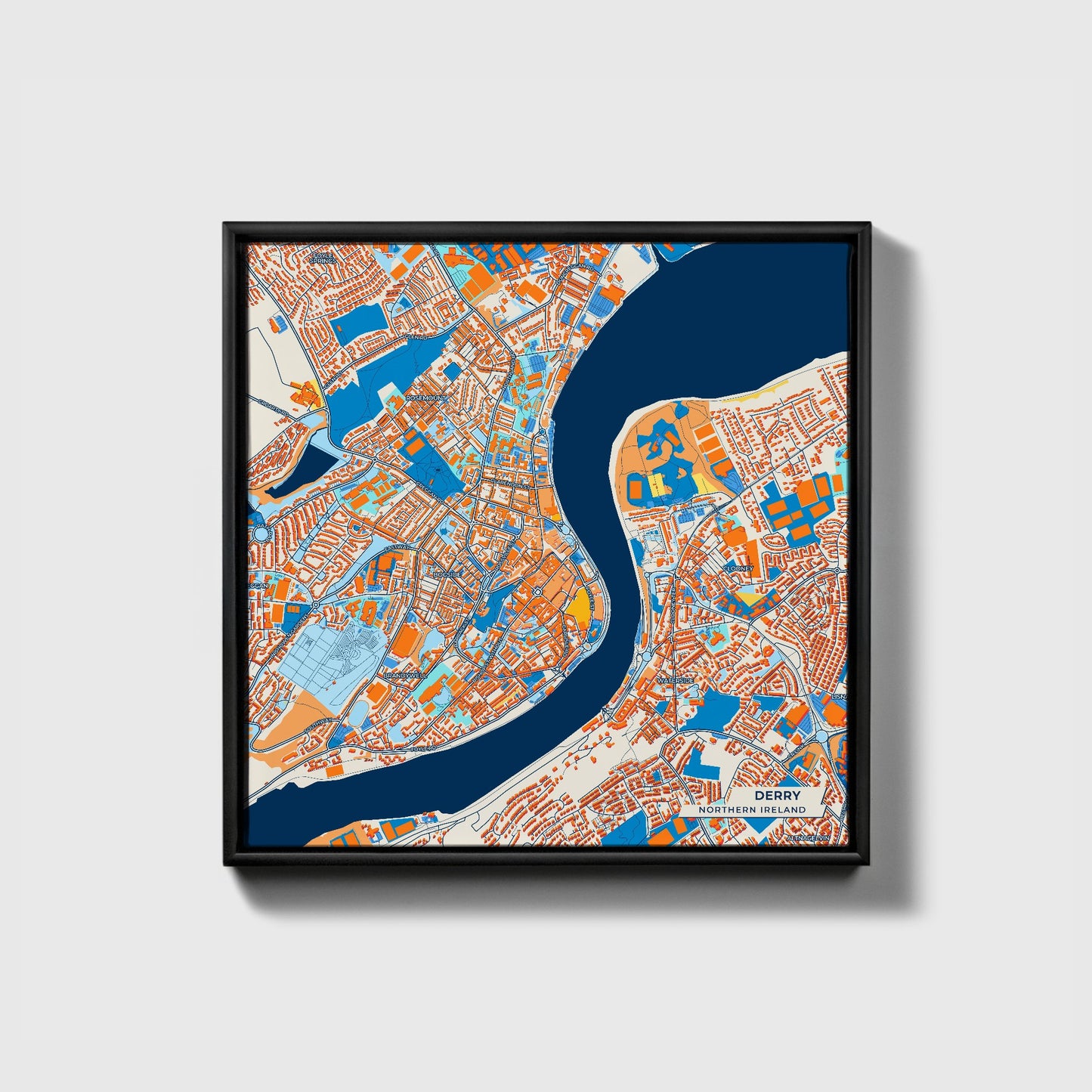 Derry Northern Ireland Colorful City Map Canvas Print • Black Framed