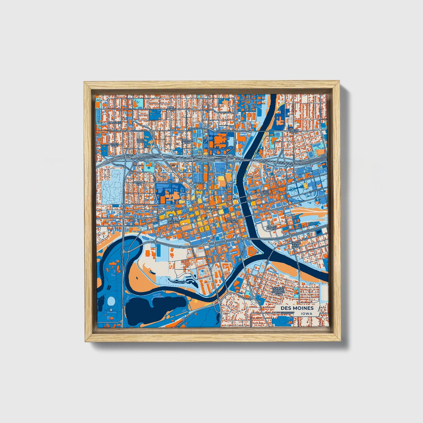 Des Moines Iowa Colorful City Map Canvas Print • Natural Wooden Framed