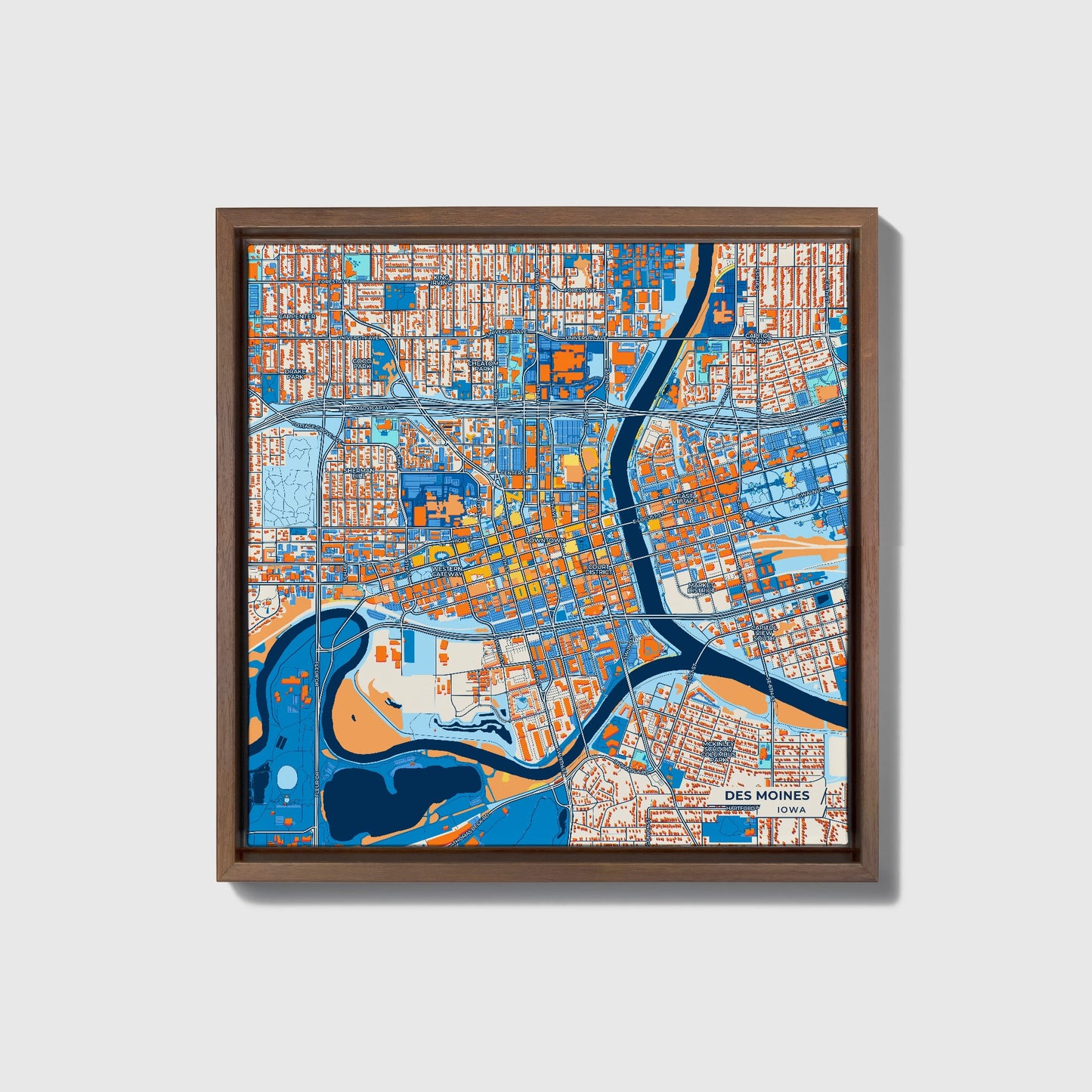 Des Moines Iowa Colorful City Map Canvas Print • Dark Wooden Framed
