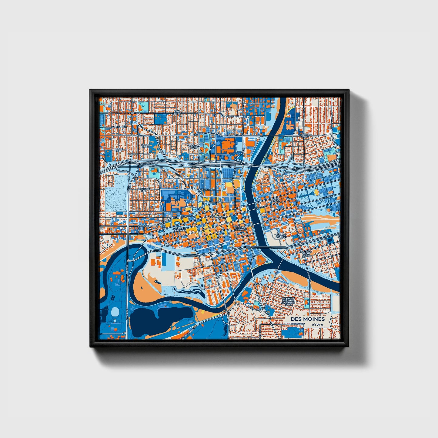 Des Moines Iowa Colorful City Map Canvas Print • Black Framed