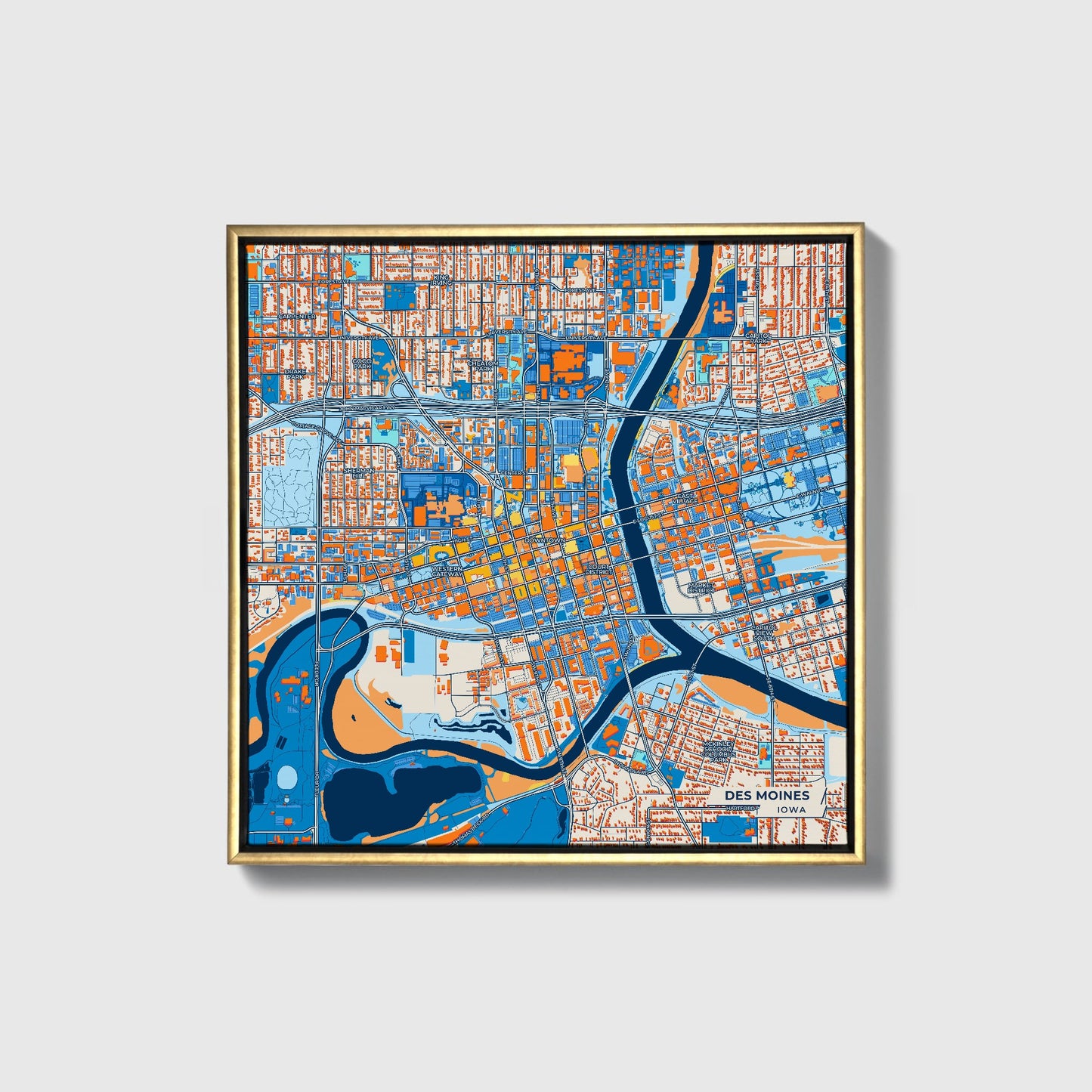 Des Moines Iowa Colorful City Map Canvas Print • Gold Framed