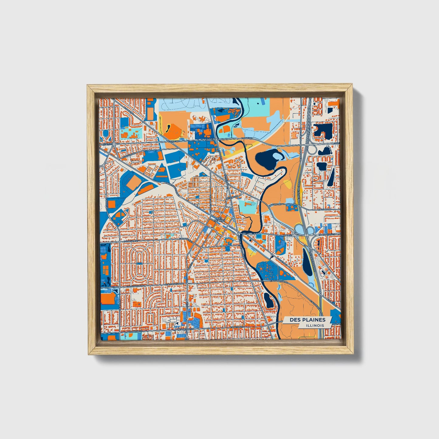 Des Plaines Illinois Colorful City Map Canvas Print • Natural Wooden Framed