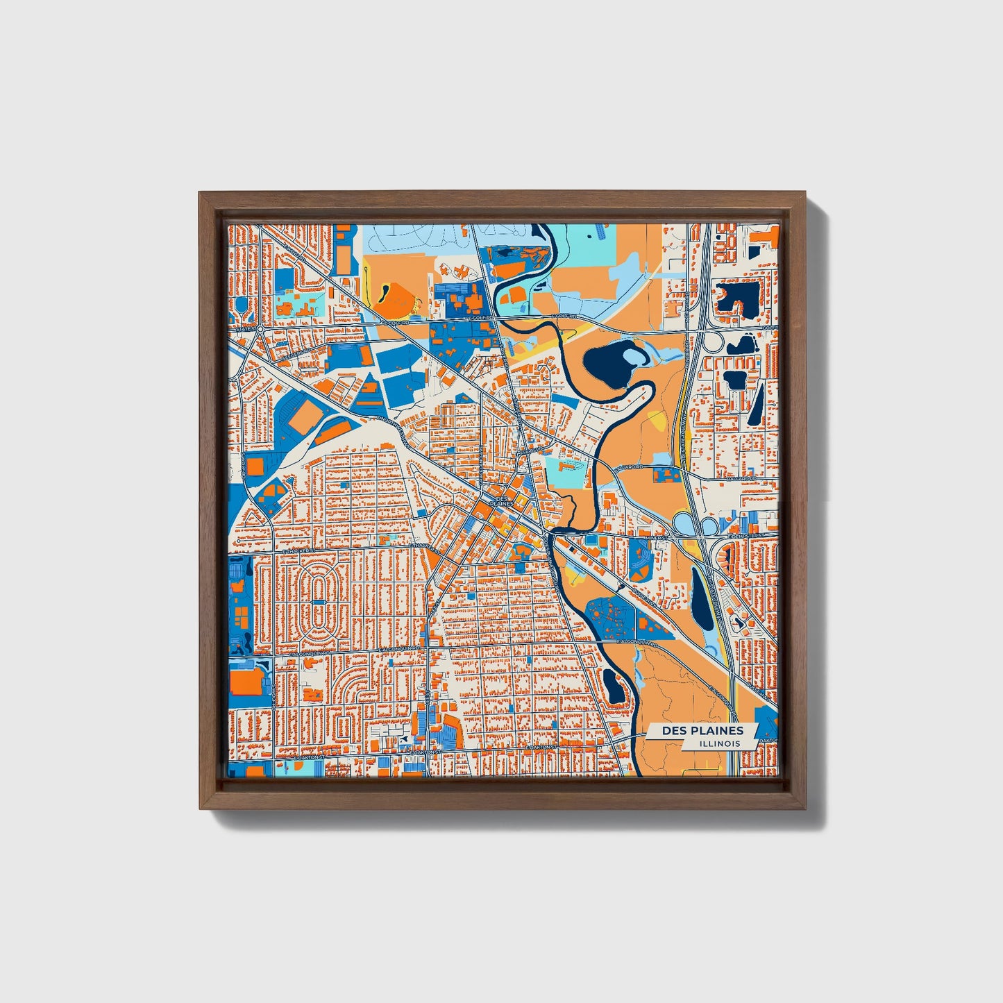 Des Plaines Illinois Colorful City Map Canvas Print • Dark Wooden Framed