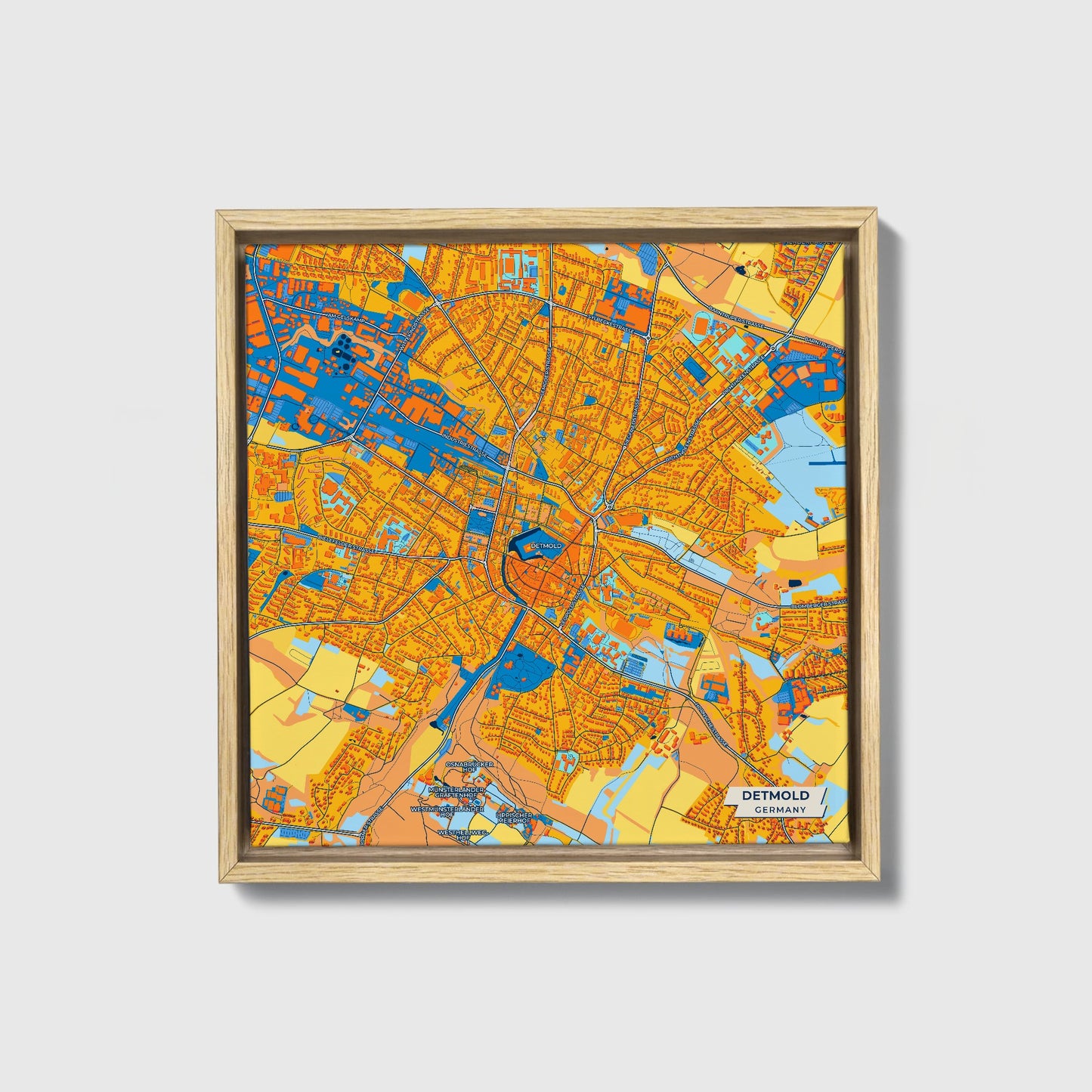 Detmold Germany Colorful City Map Canvas Print • Natural Wooden Framed