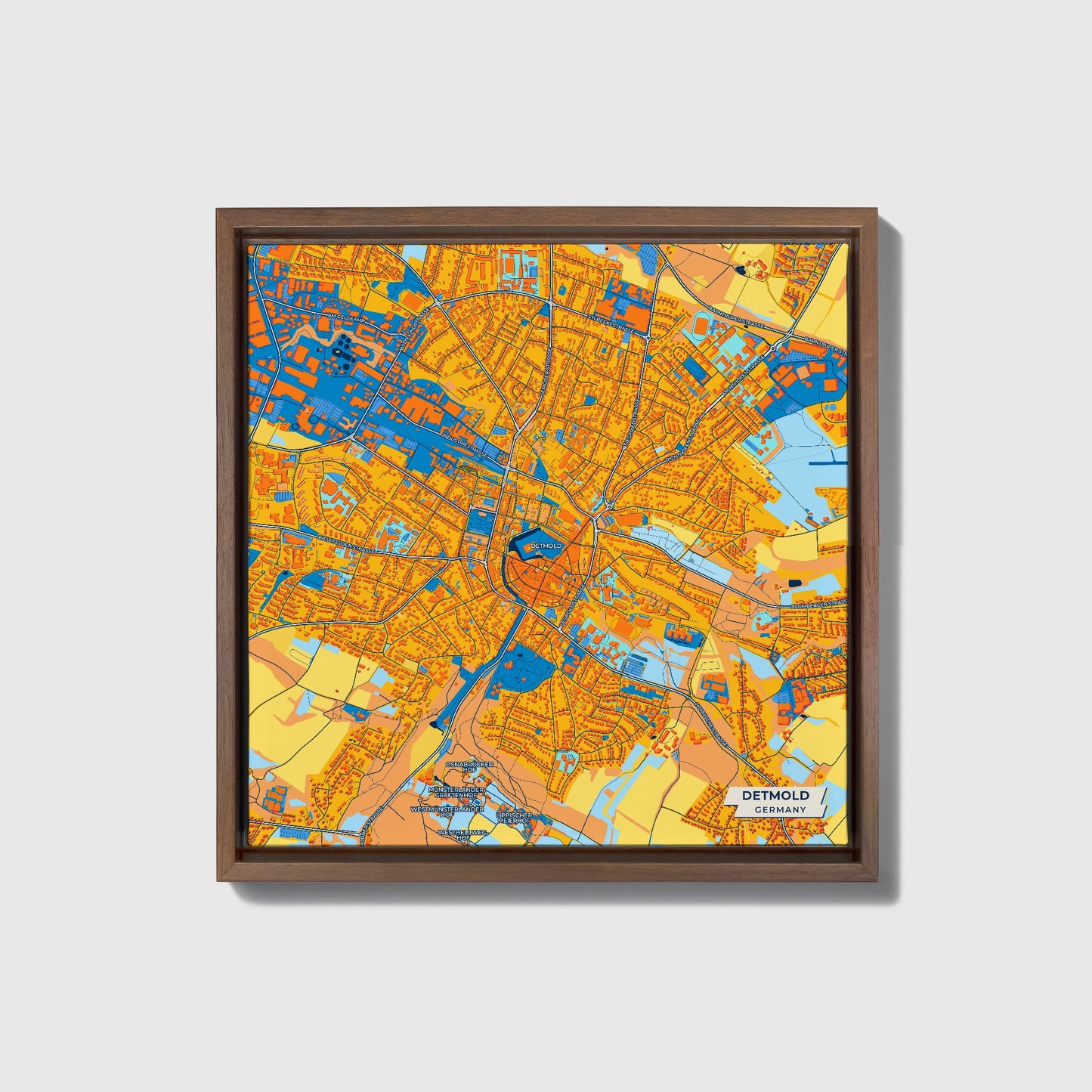 Detmold Germany Colorful City Map Canvas Print • Dark Wooden Framed