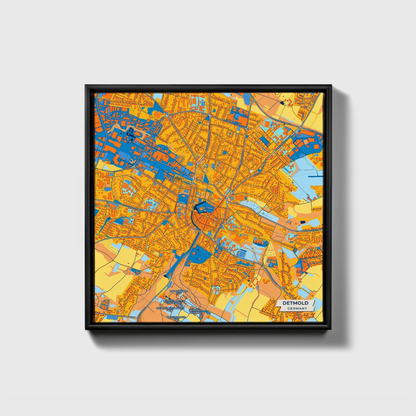 Detmold Germany Colorful City Map Canvas Print • Black Framed