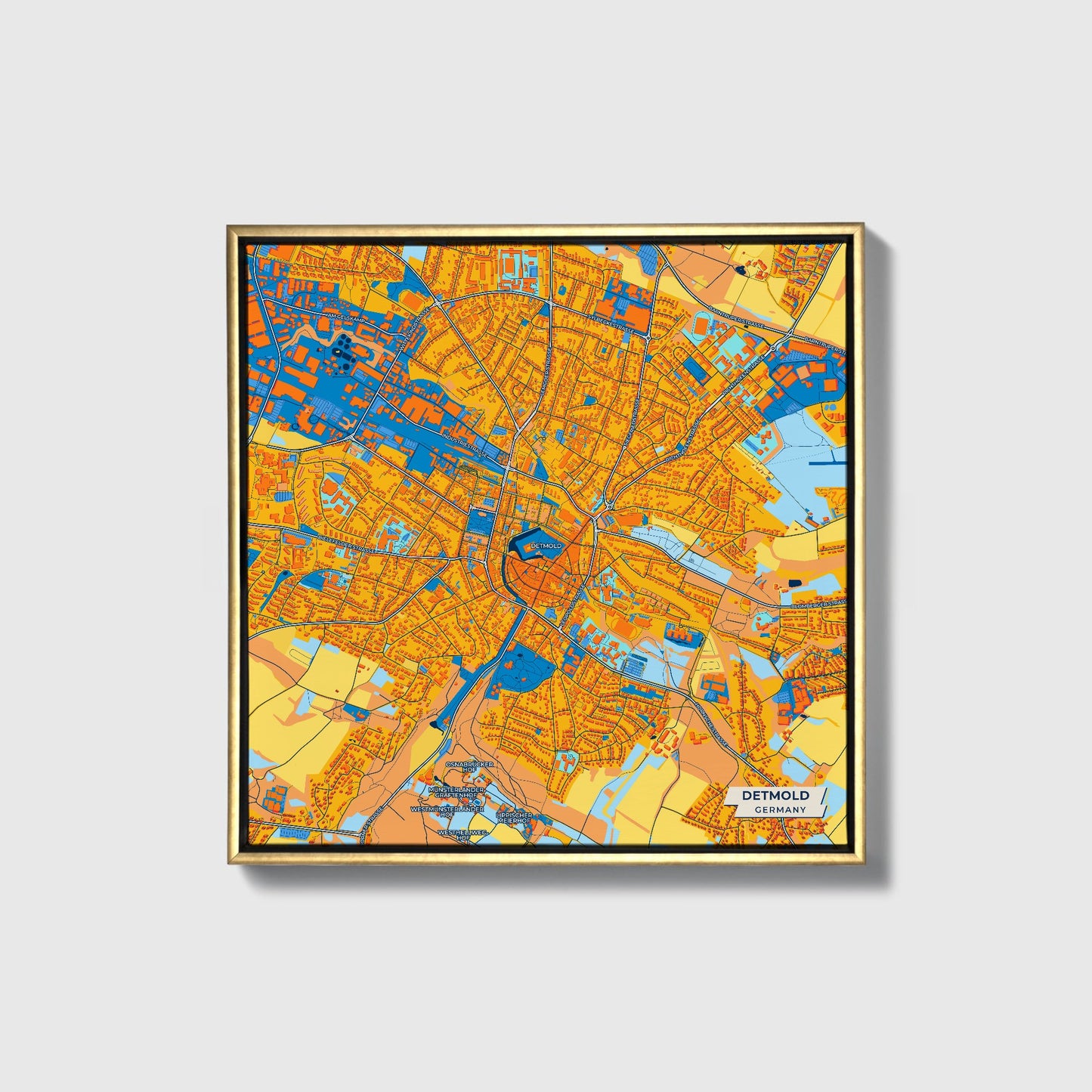 Detmold Germany Colorful City Map Canvas Print • Gold Framed