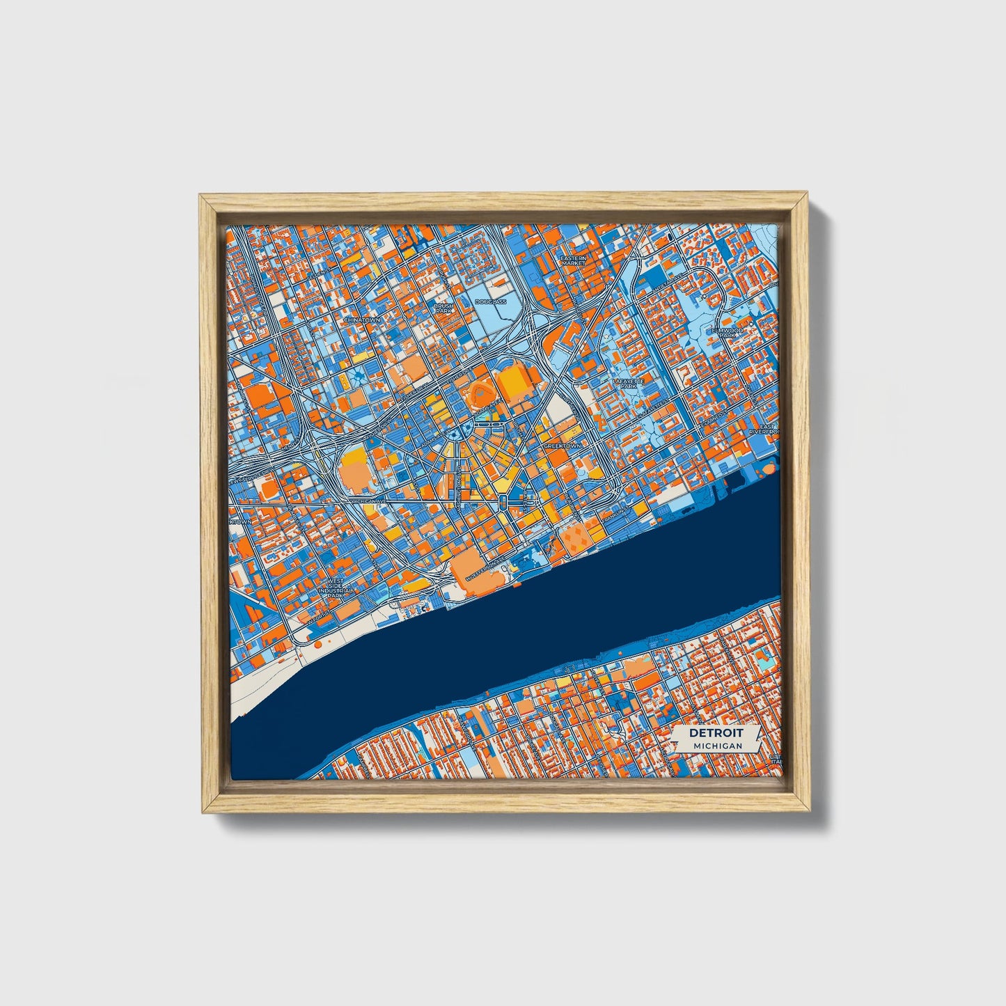 Detroit Michigan Colorful City Map Canvas Print • Natural Wooden Framed