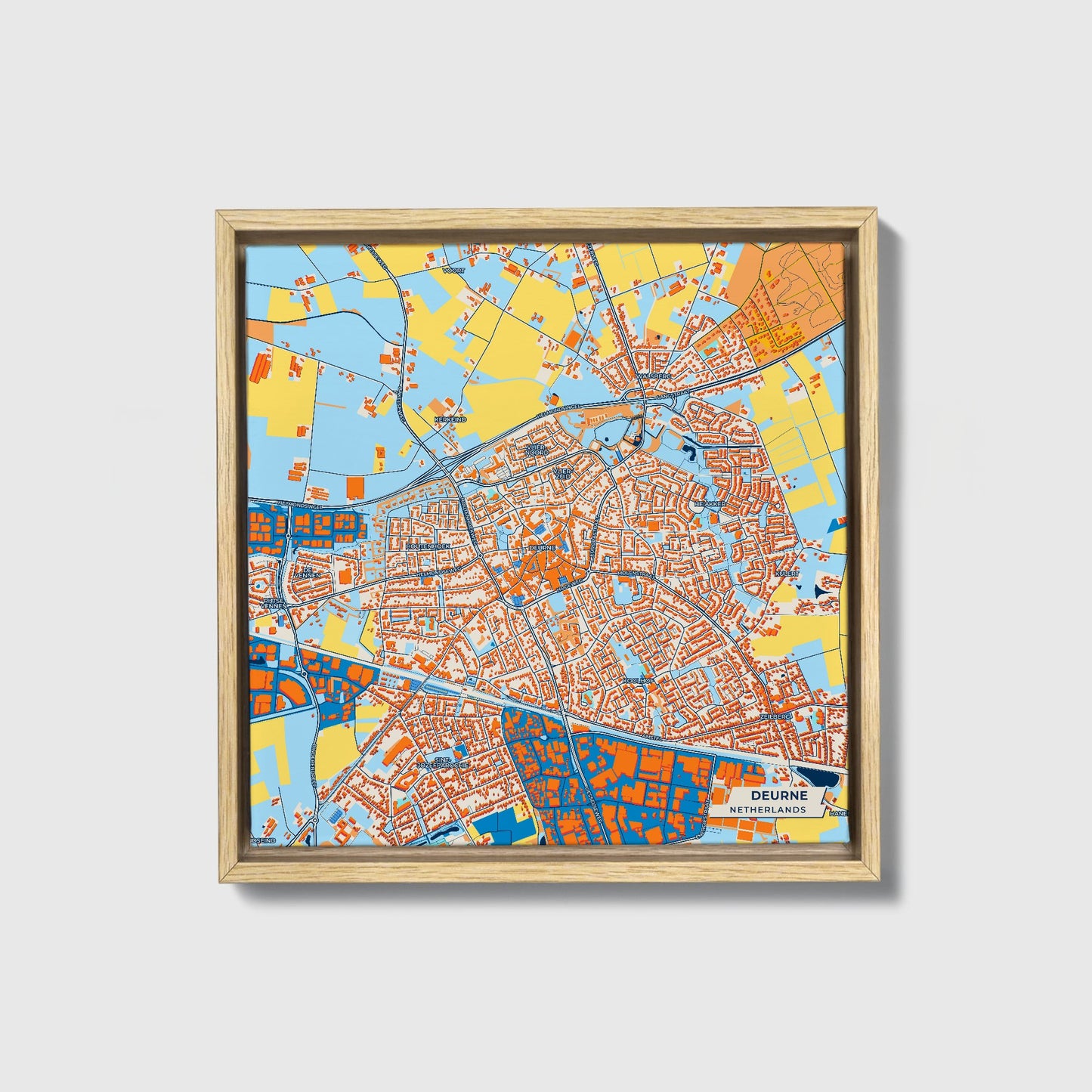 Deurne Netherlands Colorful City Map Canvas Print • Natural Wooden Framed