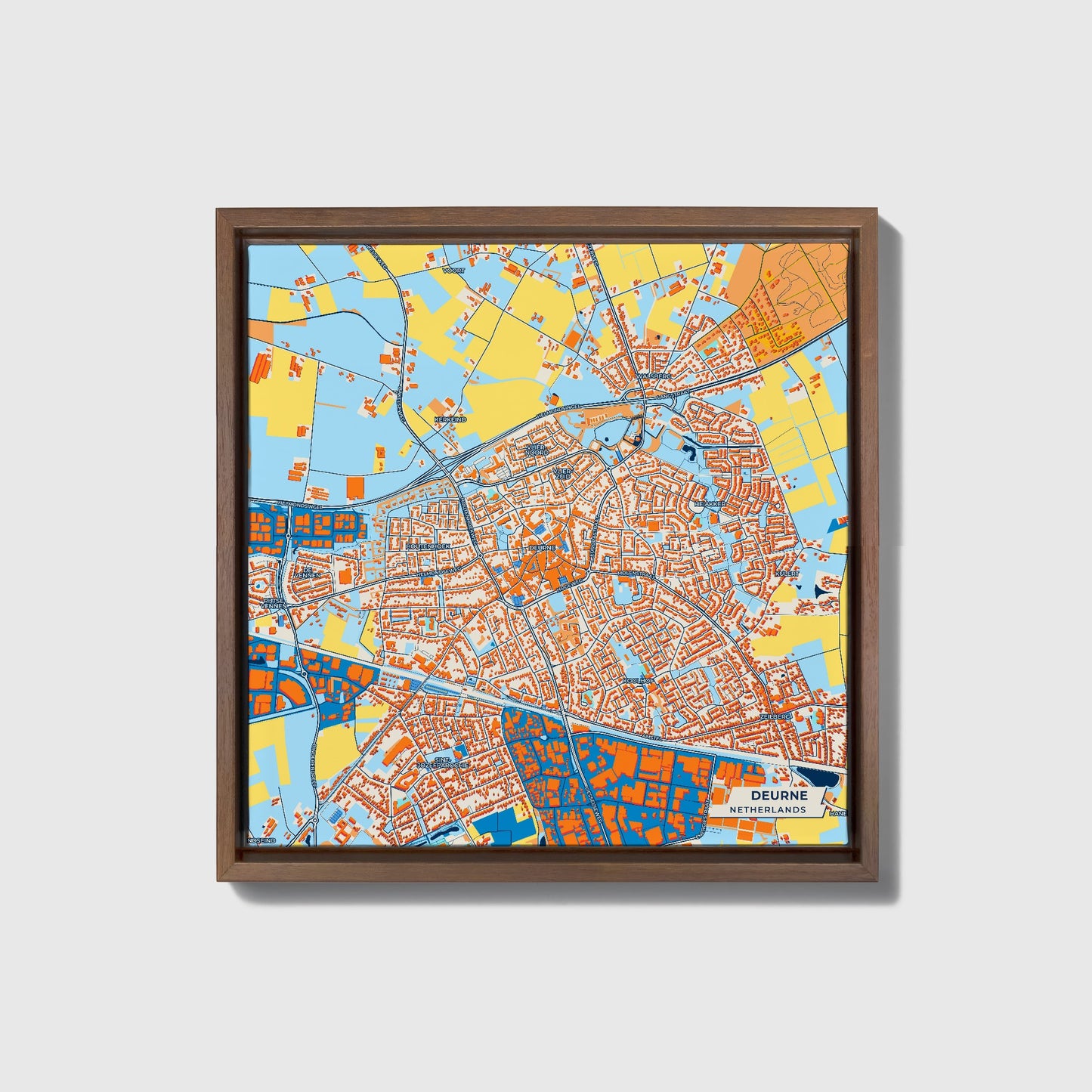 Deurne Netherlands Colorful City Map Canvas Print • Dark Wooden Framed