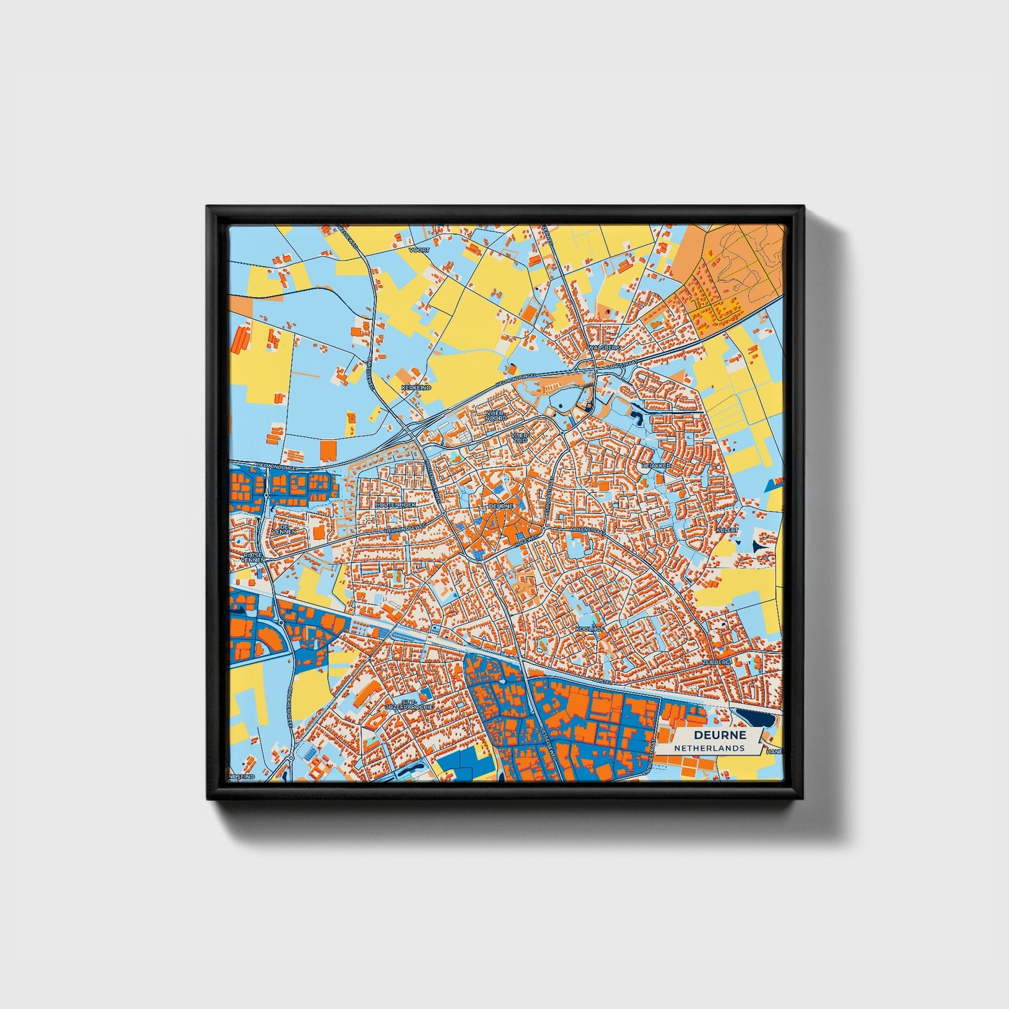 Deurne Netherlands Colorful City Map Canvas Print • Black Framed