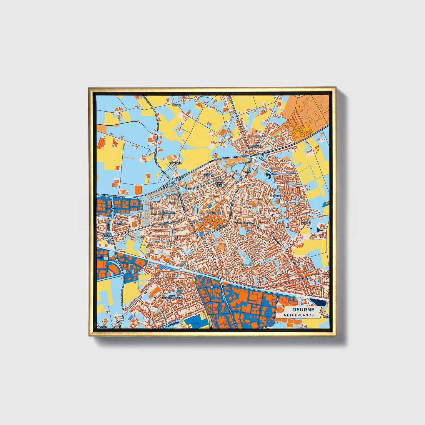 Deurne Netherlands Colorful City Map Canvas Print • Gold Framed