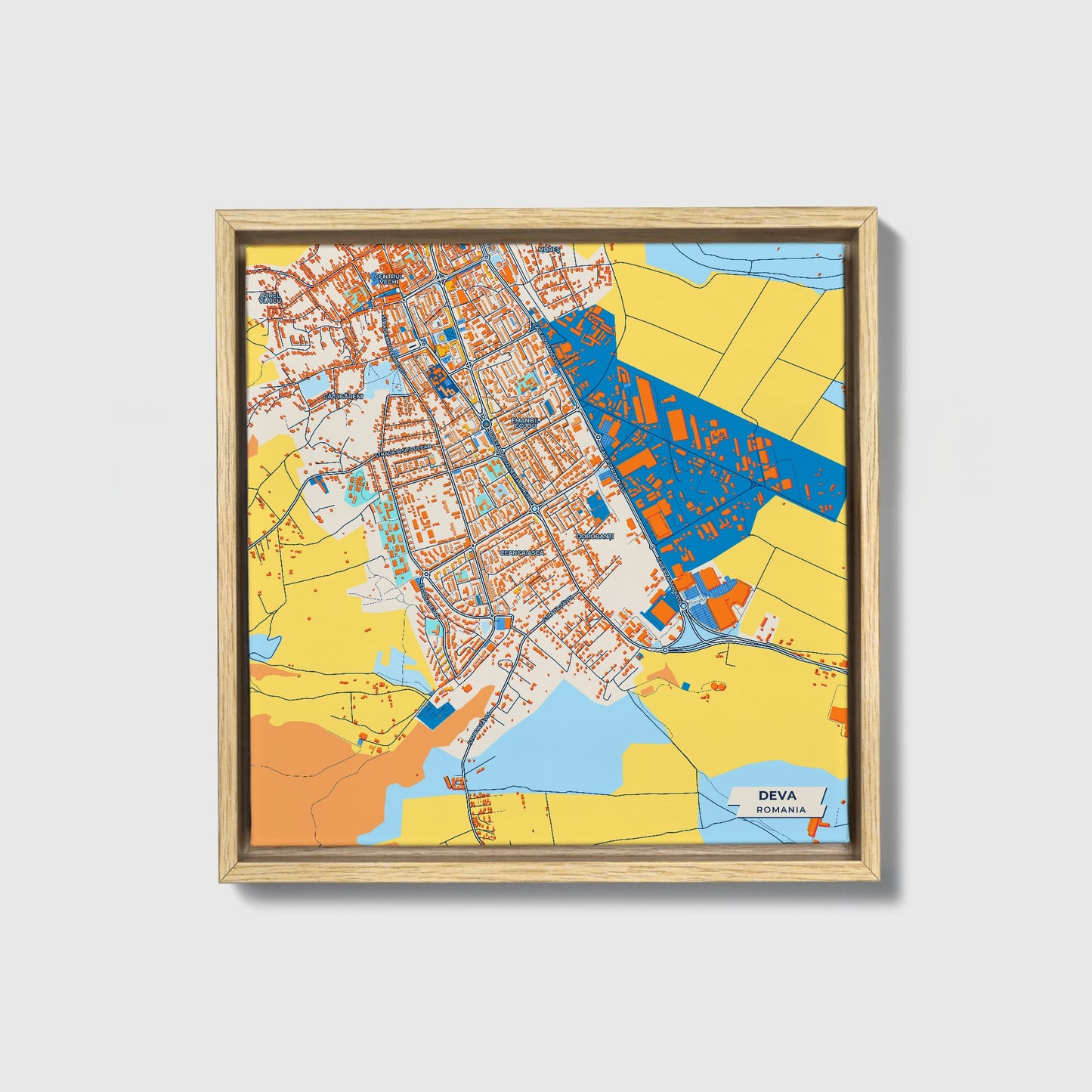 Deva Romania Colorful City Map Canvas Print • Natural Wooden Framed