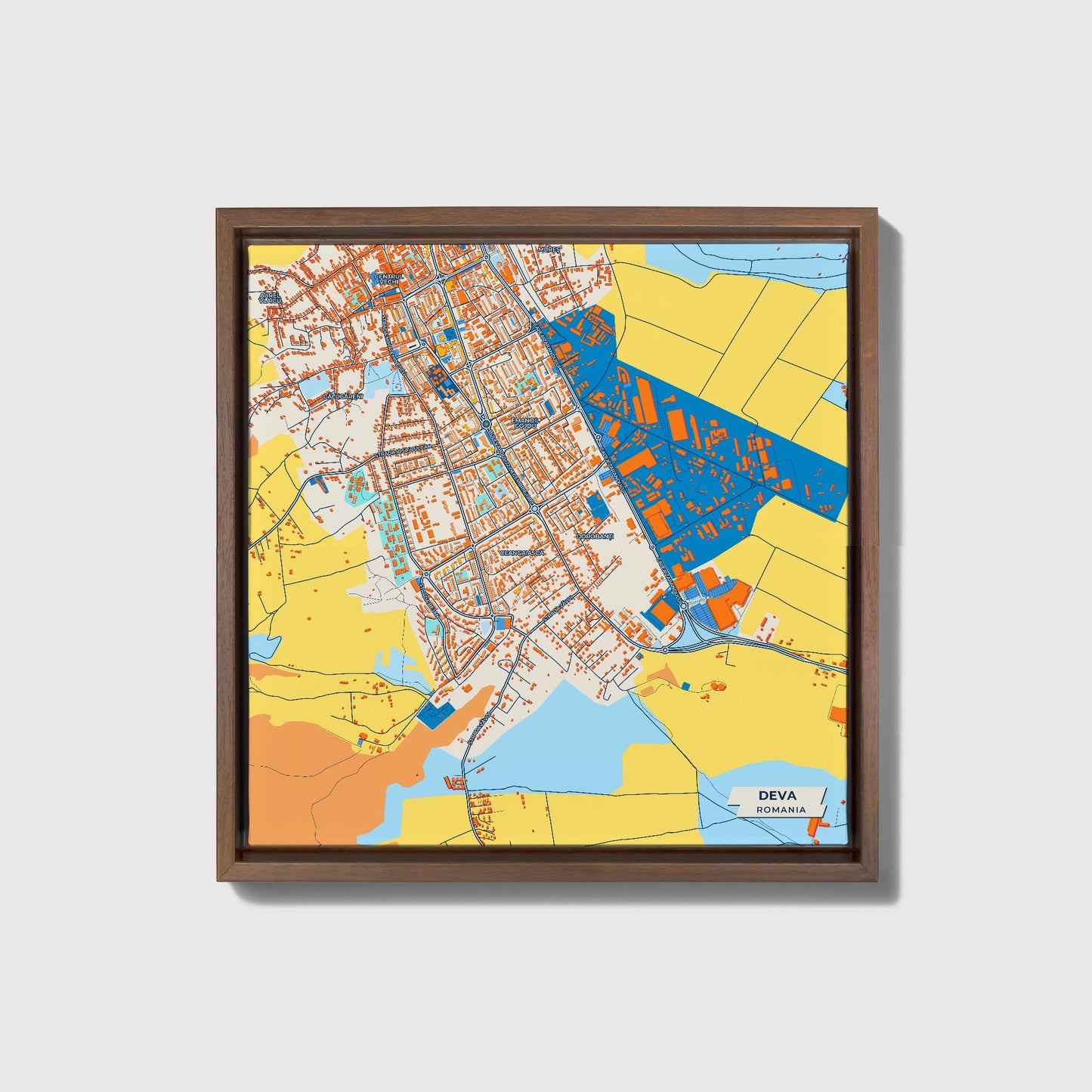 Deva Romania Colorful City Map Canvas Print • Dark Wooden Framed