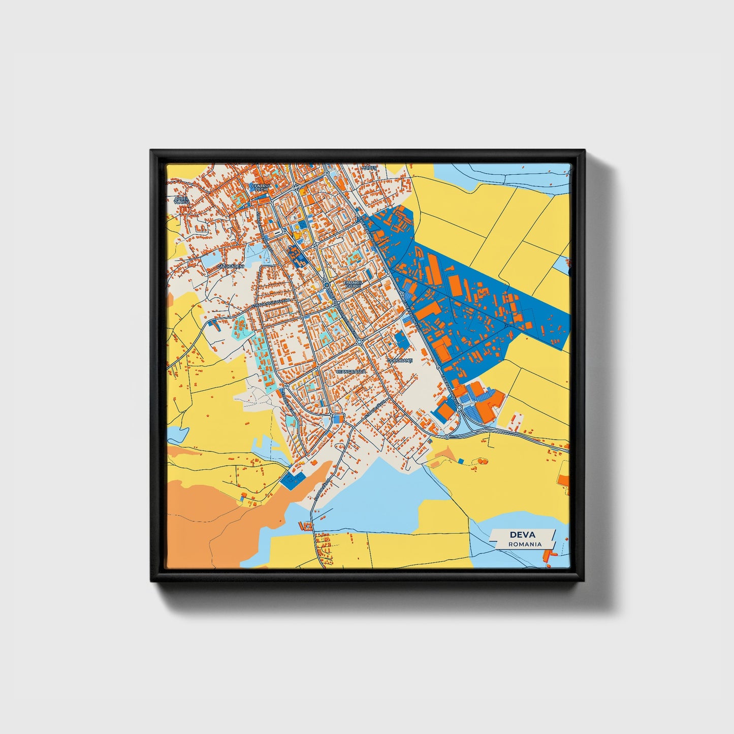 Deva Romania Colorful City Map Canvas Print • Black Framed
