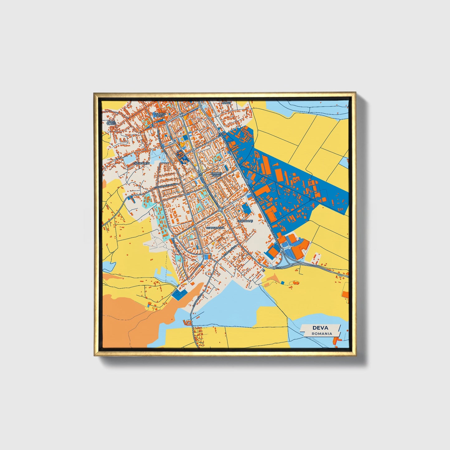 Deva Romania Colorful City Map Canvas Print • Gold Framed