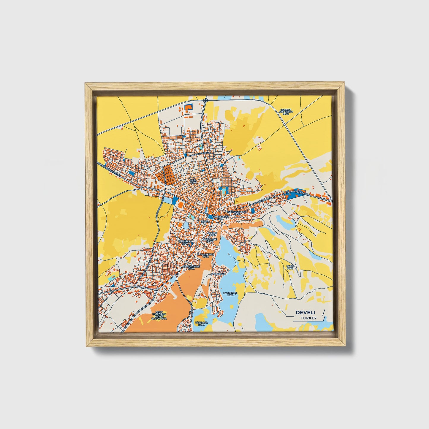 Develi̇ Turkey Colorful City Map Canvas Print • Natural Wooden Framed