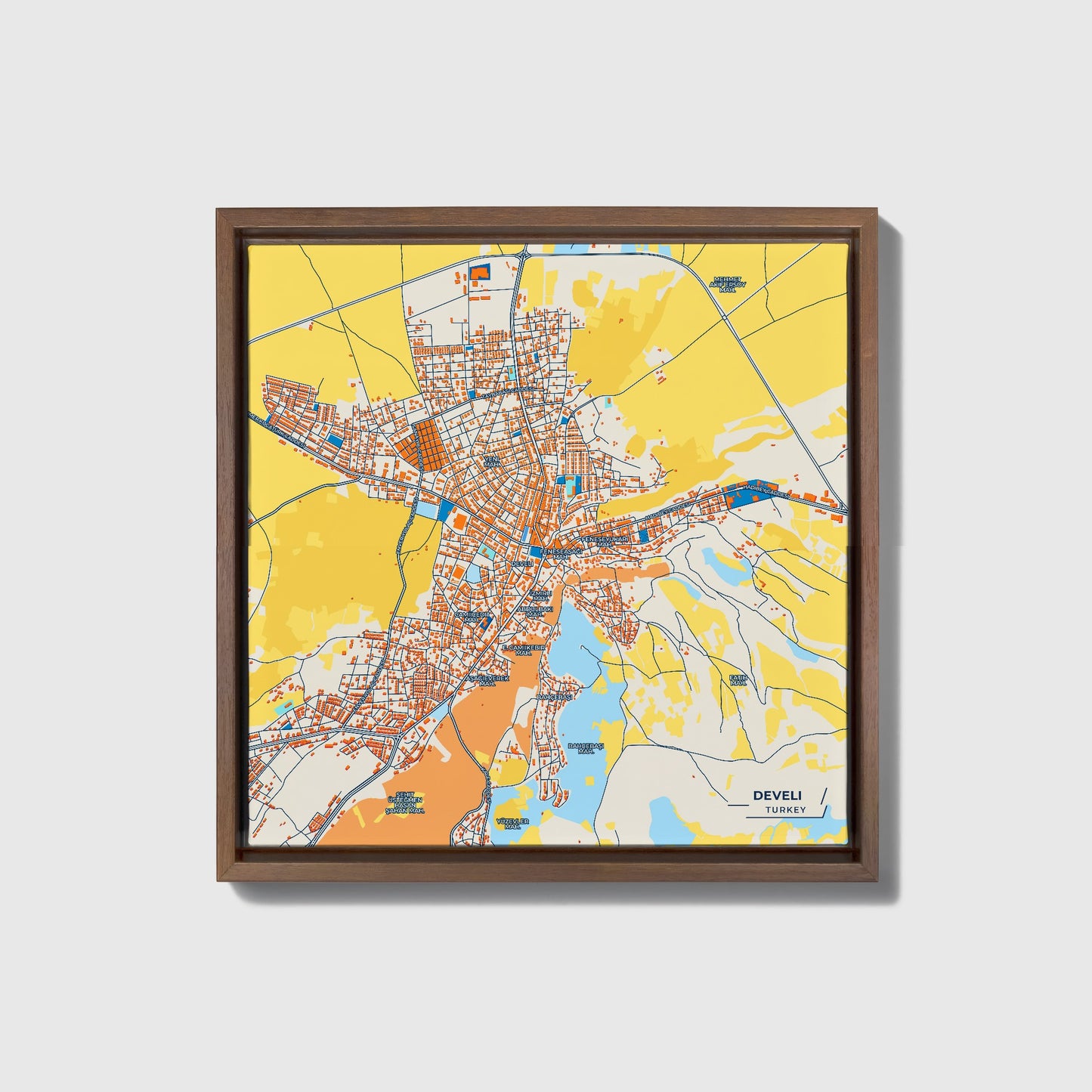 Develi̇ Turkey Colorful City Map Canvas Print • Dark Wooden Framed