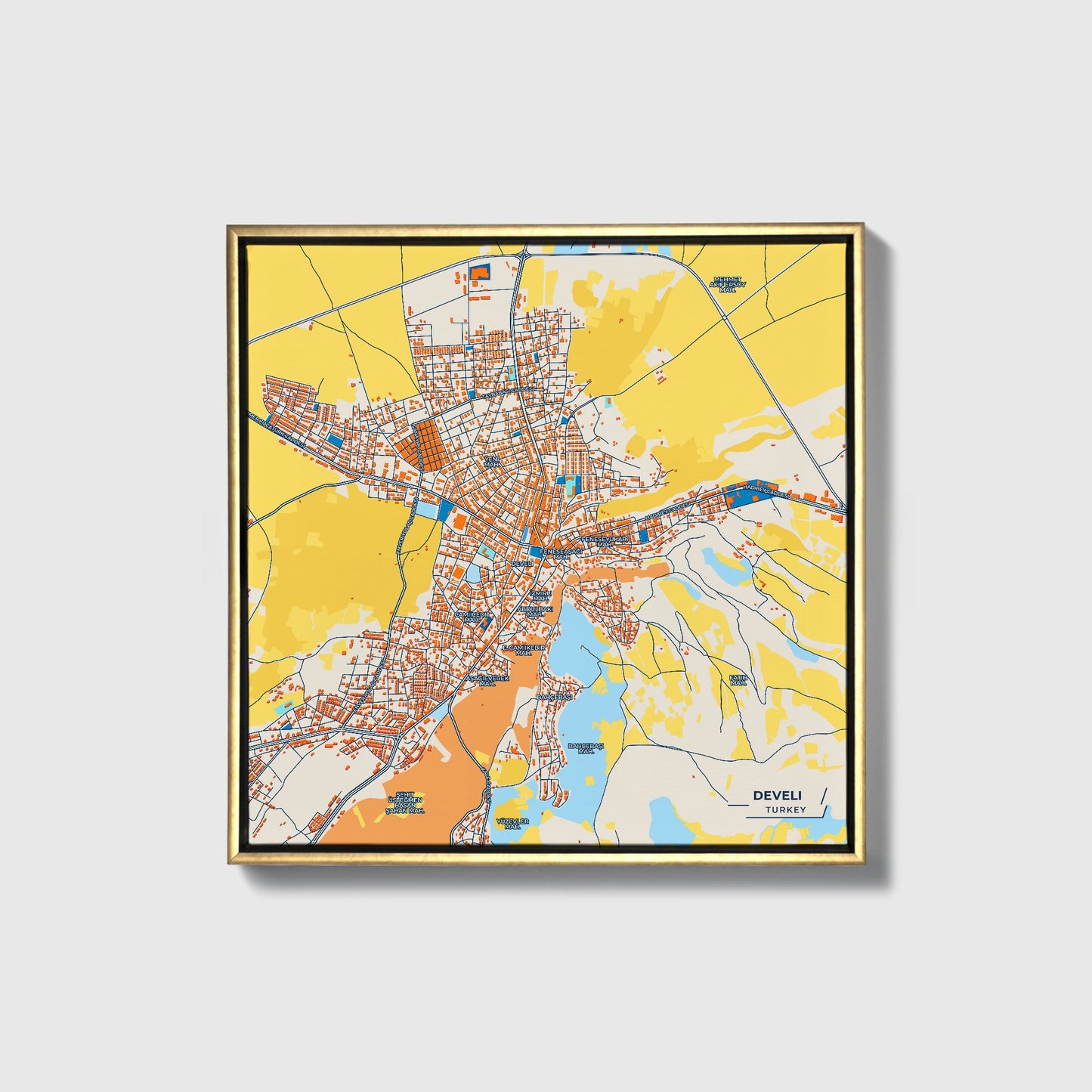 Develi̇ Turkey Colorful City Map Canvas Print • Gold Framed