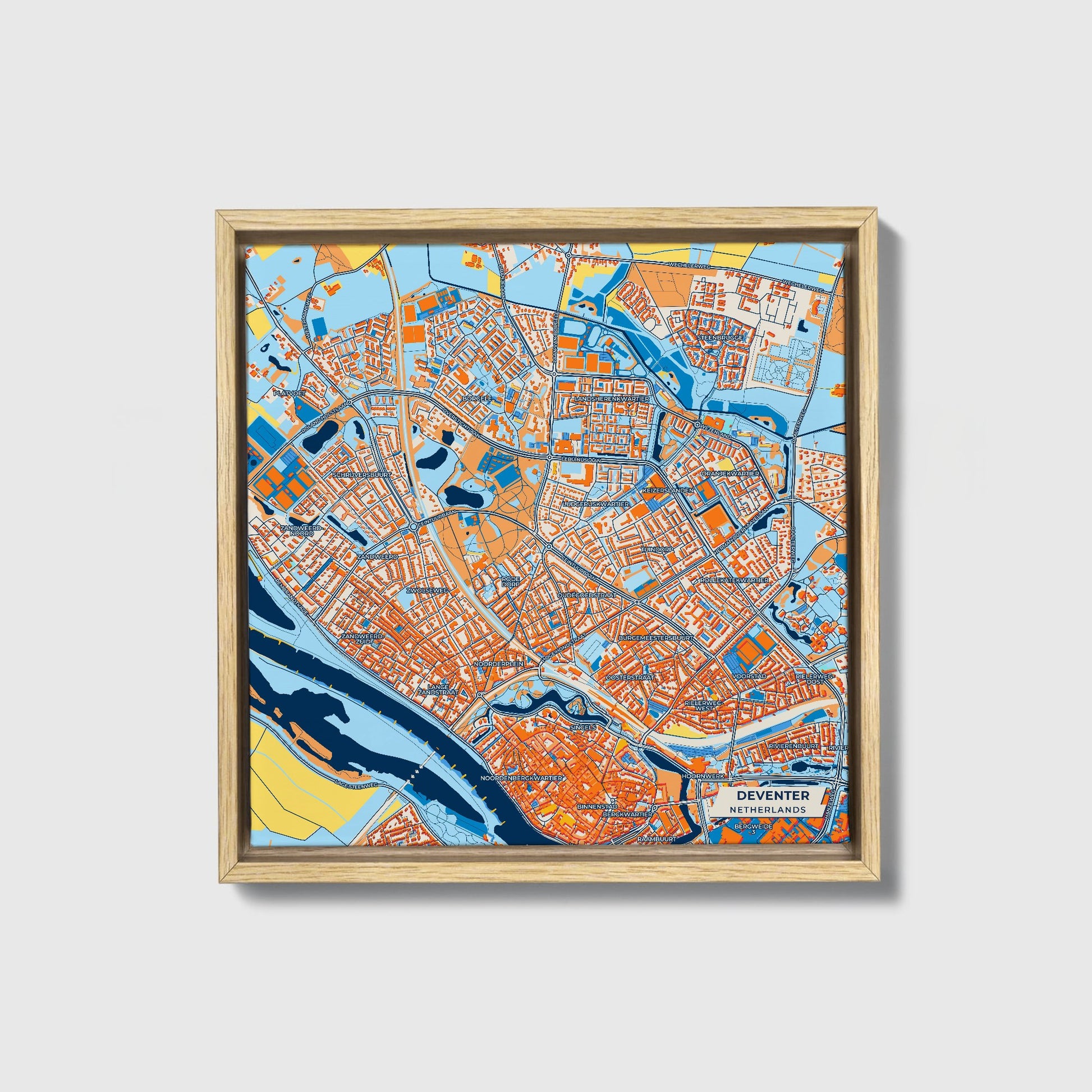 Deventer Netherlands Colorful City Map Canvas Print • Natural Wooden Framed