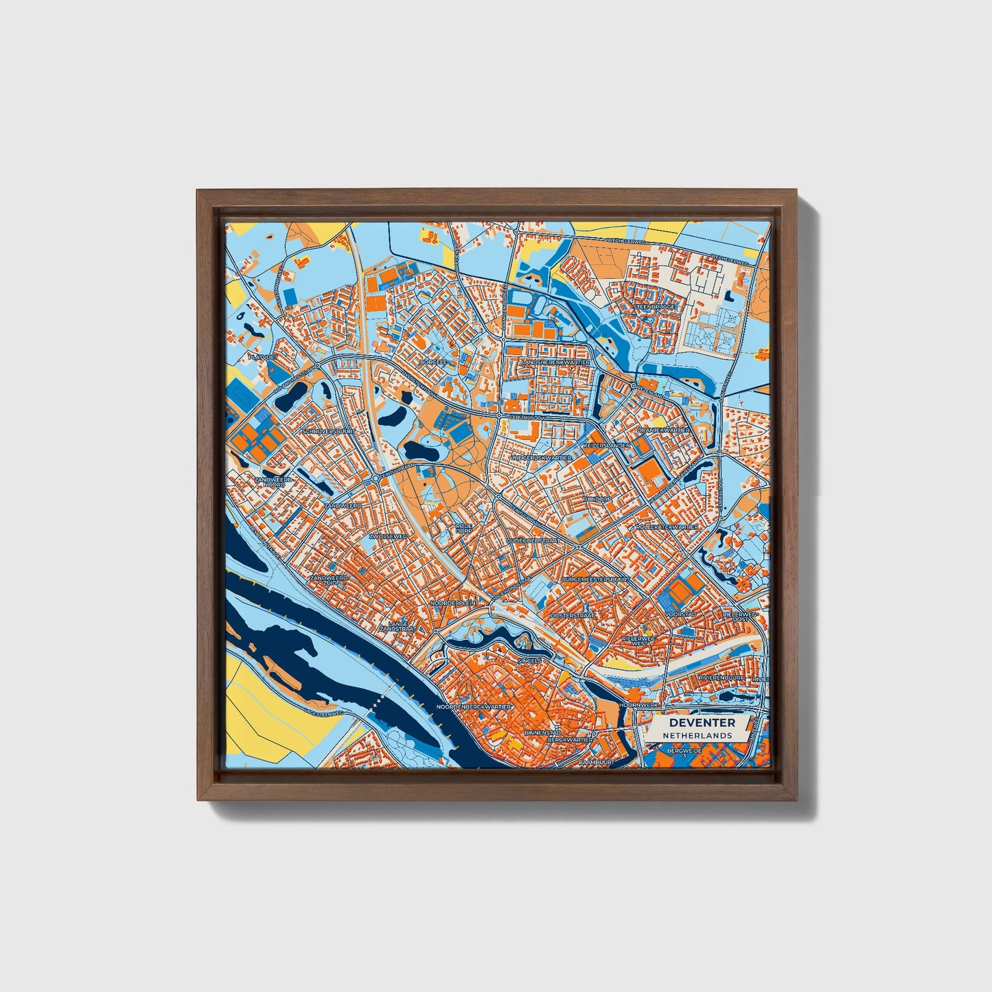 Deventer Netherlands Colorful City Map Canvas Print • Dark Wooden Framed