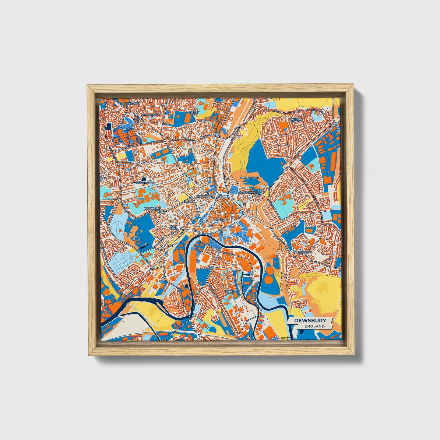 Dewsbury England Colorful City Map Canvas Print • Natural Wooden Framed