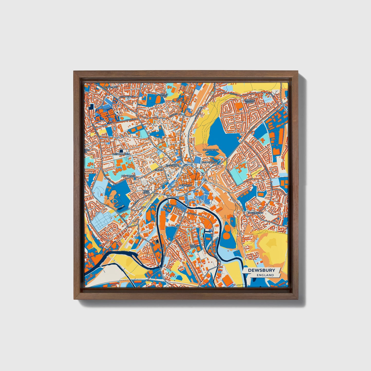 Dewsbury England Colorful City Map Canvas Print • Dark Wooden Framed