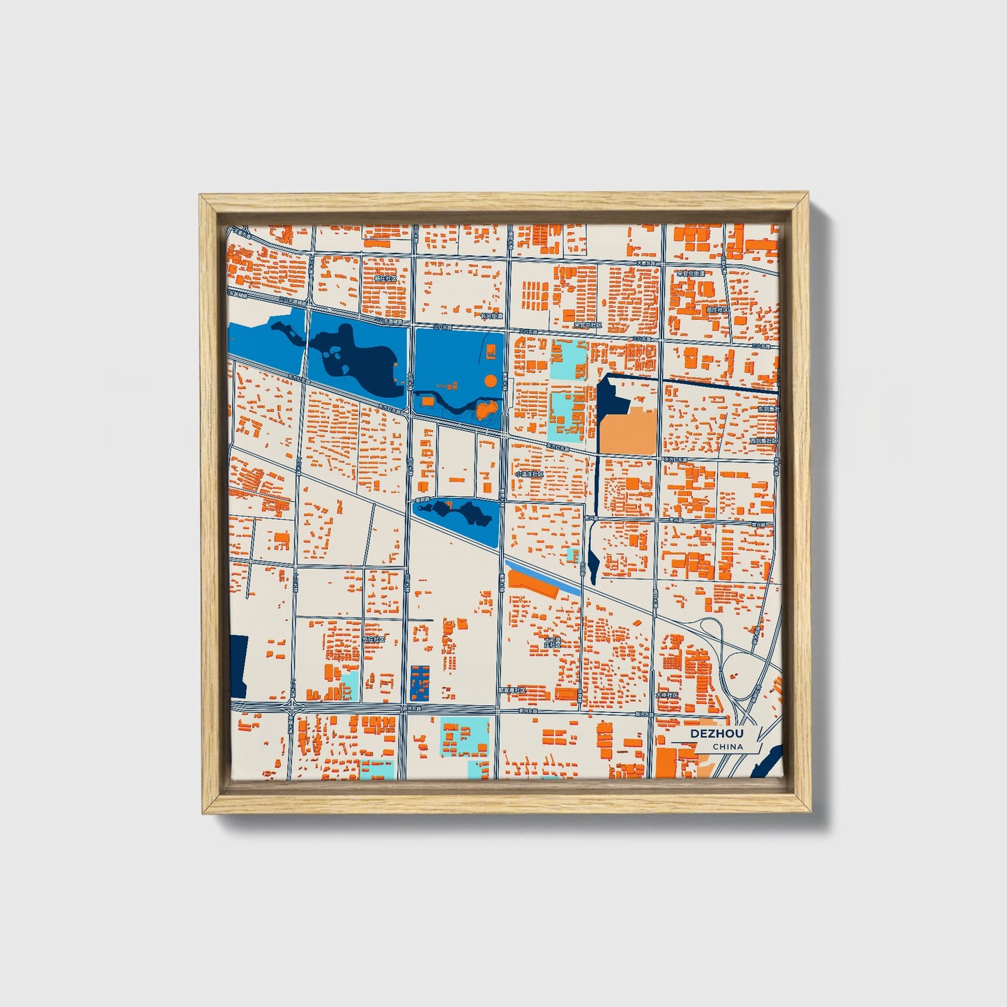 Dezhou China Colorful City Map Canvas Print • Natural Wooden Framed