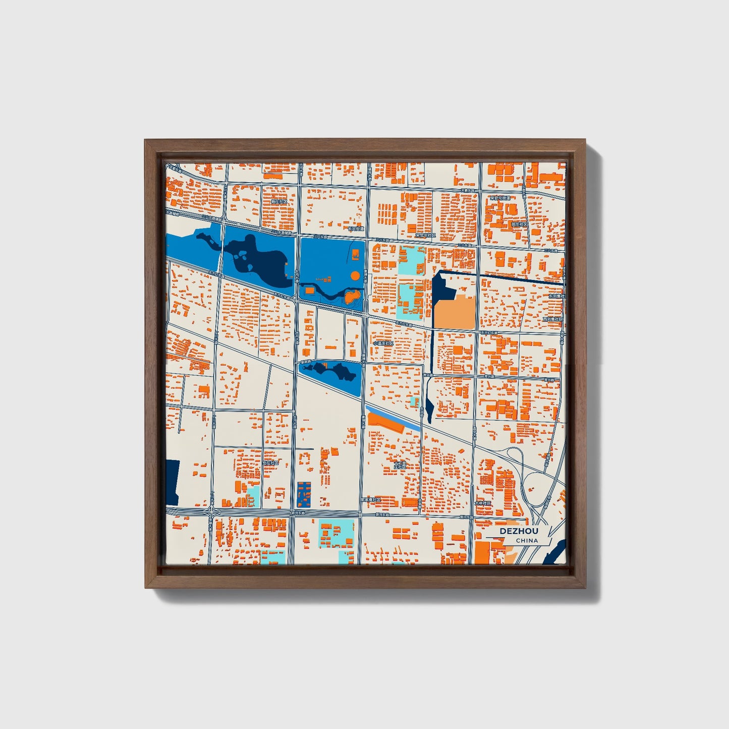 Dezhou China Colorful City Map Canvas Print • Dark Wooden Framed