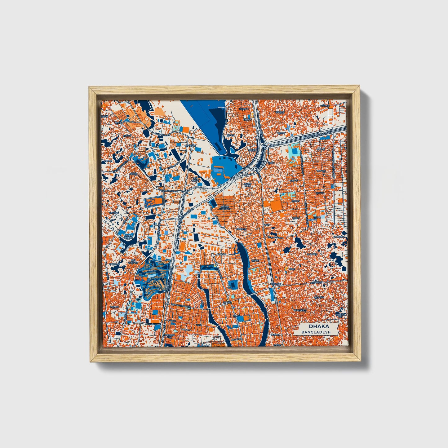 Dhaka Bangladesh Colorful City Map Canvas Print • Natural Wooden Framed