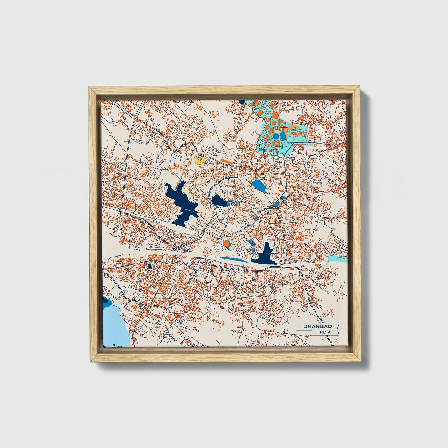 Dhanbad India Colorful City Map Canvas Print • Natural Wooden Framed
