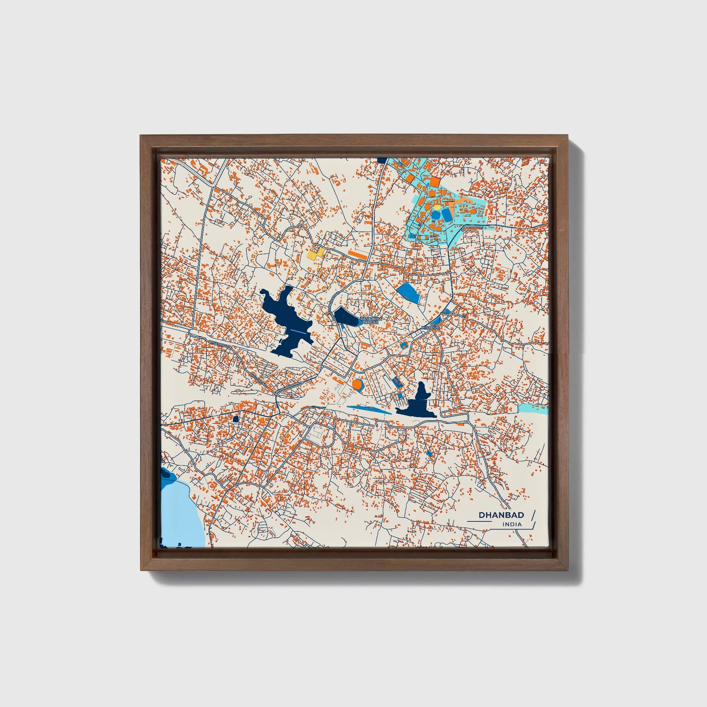 Dhanbad India Colorful City Map Canvas Print • Dark Wooden Framed