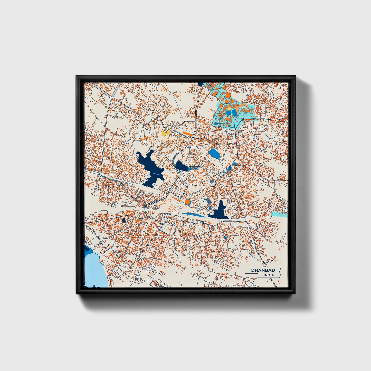Dhanbad India Colorful City Map Canvas Print • Black Framed