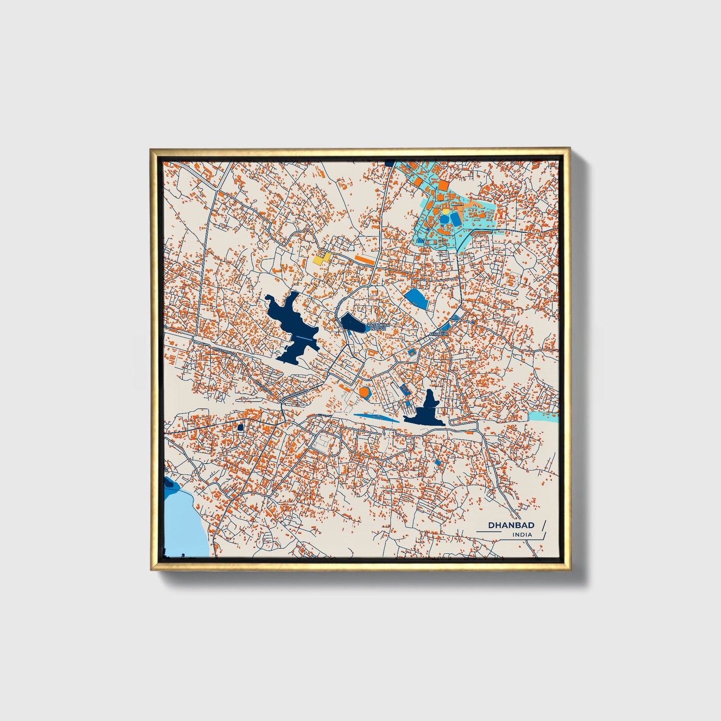 Dhanbad India Colorful City Map Canvas Print • Gold Framed
