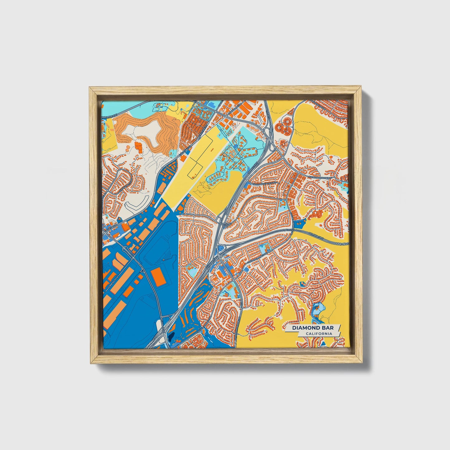 Diamond Bar California Colorful City Map Canvas Print • Natural Wooden Framed