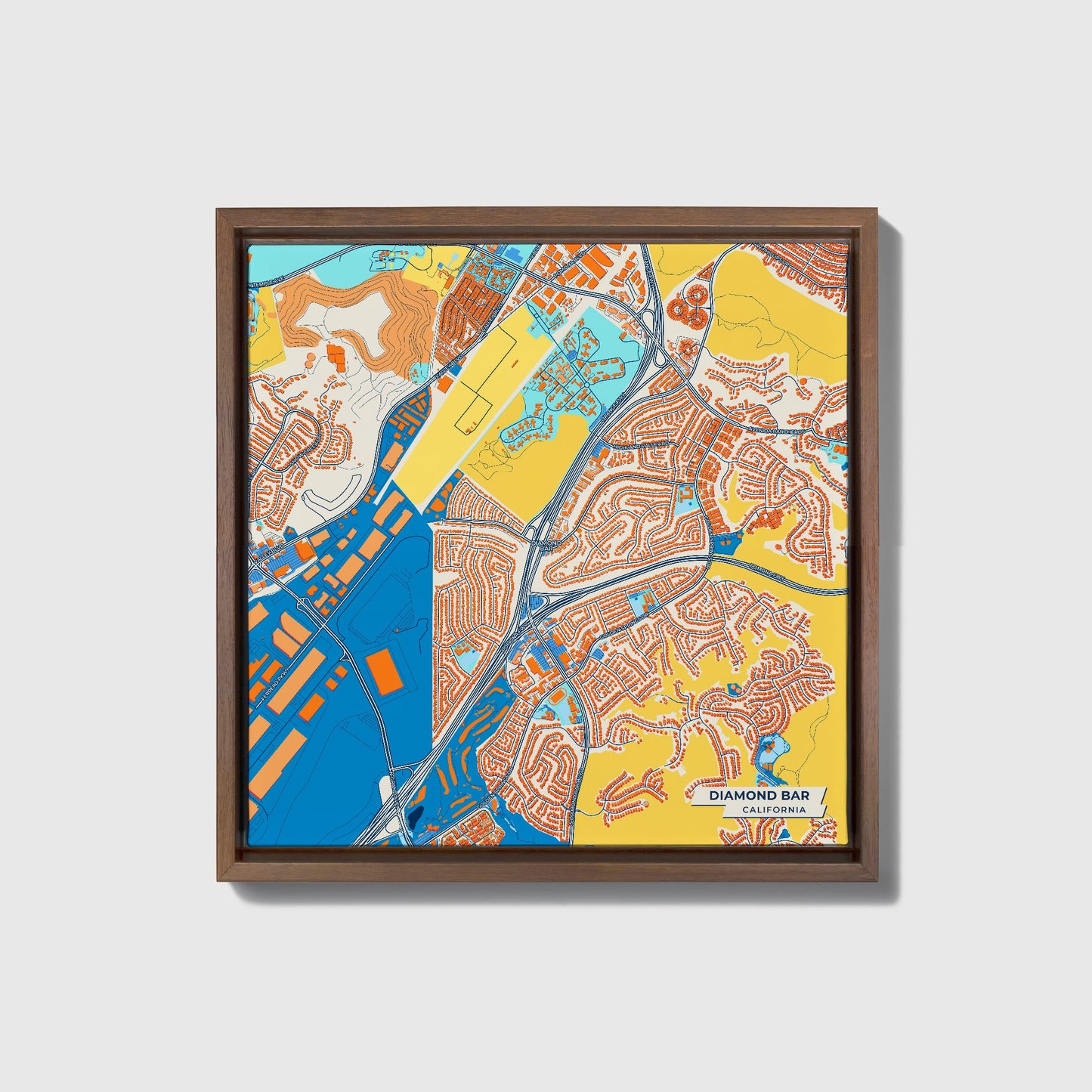 Diamond Bar California Colorful City Map Canvas Print • Dark Wooden Framed