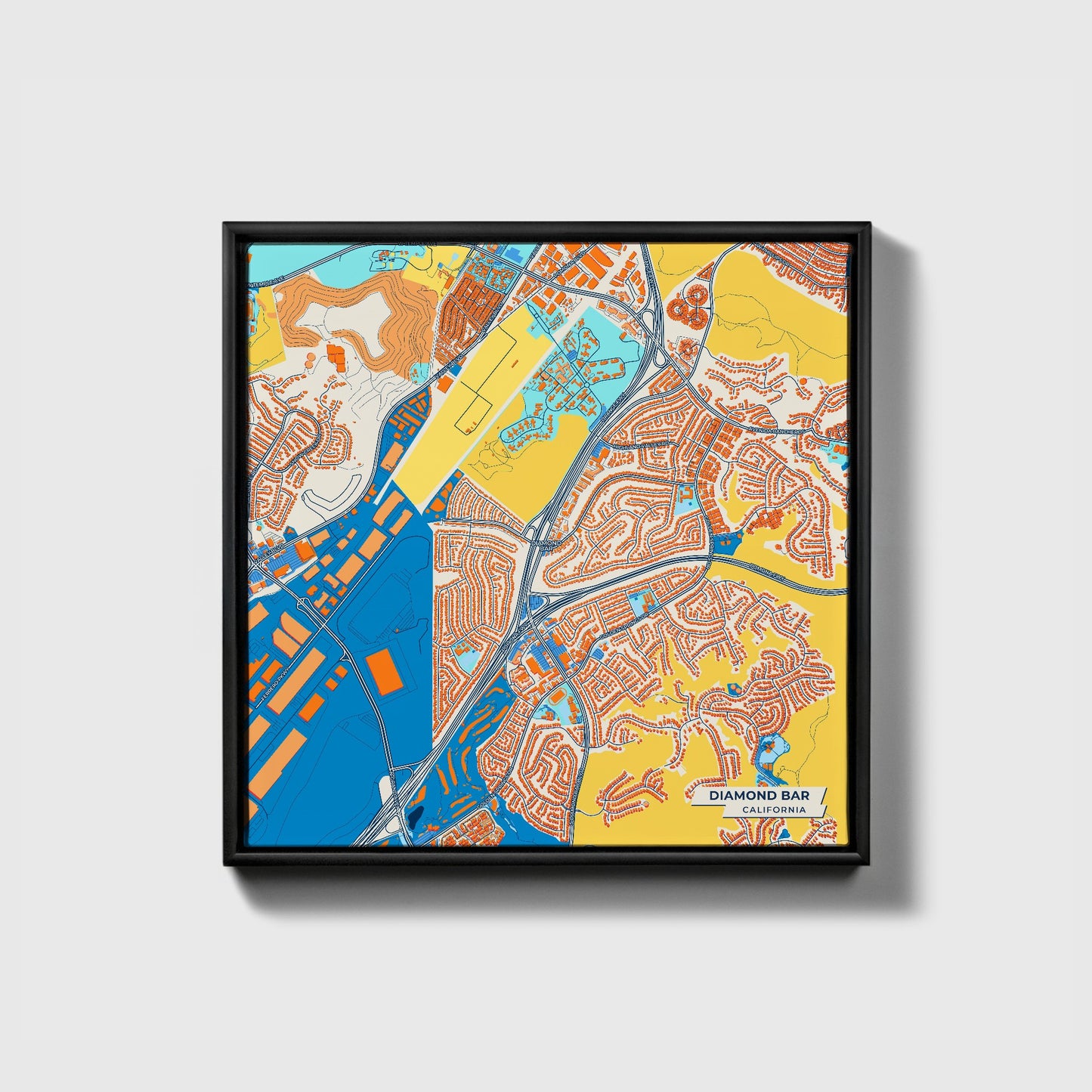 Diamond Bar California Colorful City Map Canvas Print • Black Framed