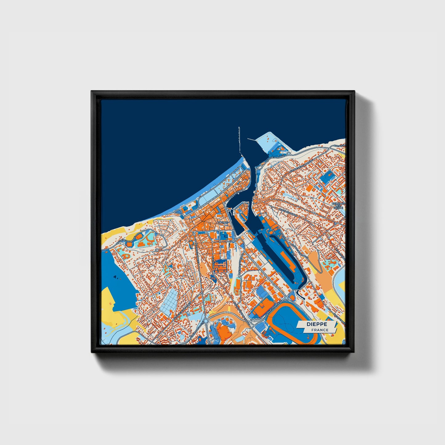 Dieppe France Colorful City Map Canvas Print • Black Framed
