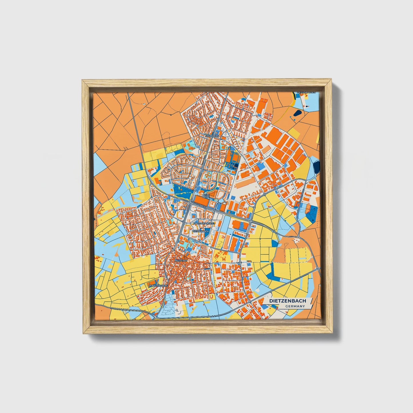 Dietzenbach Germany Colorful City Map Canvas Print • Natural Wooden Framed