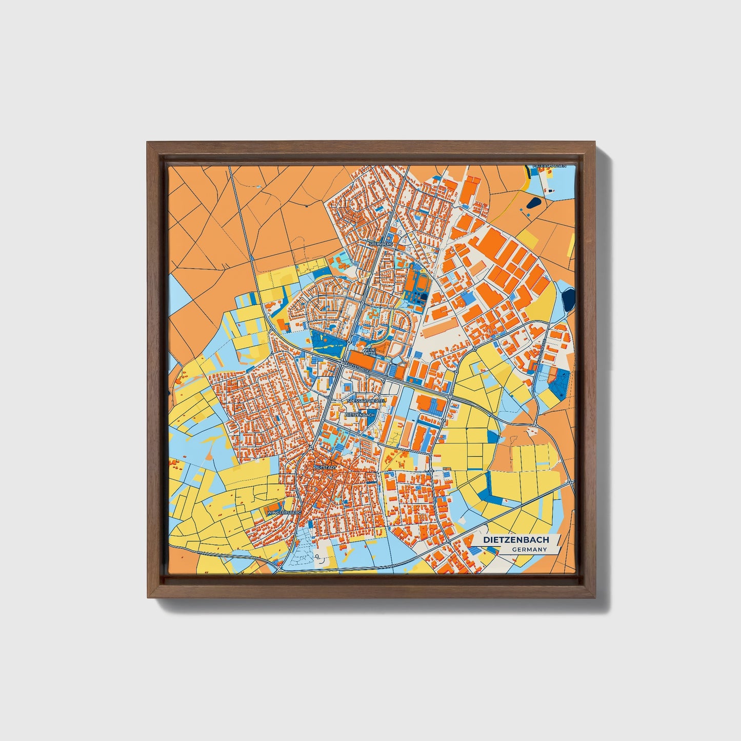 Dietzenbach Germany Colorful City Map Canvas Print • Dark Wooden Framed