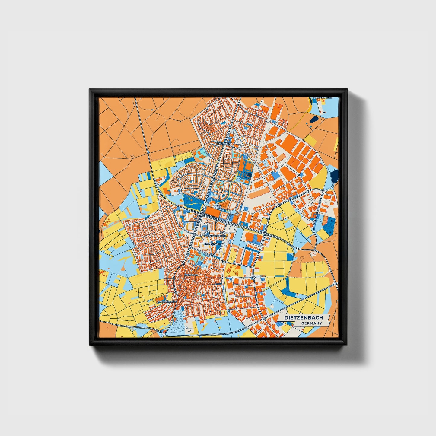 Dietzenbach Germany Colorful City Map Canvas Print • Black Framed