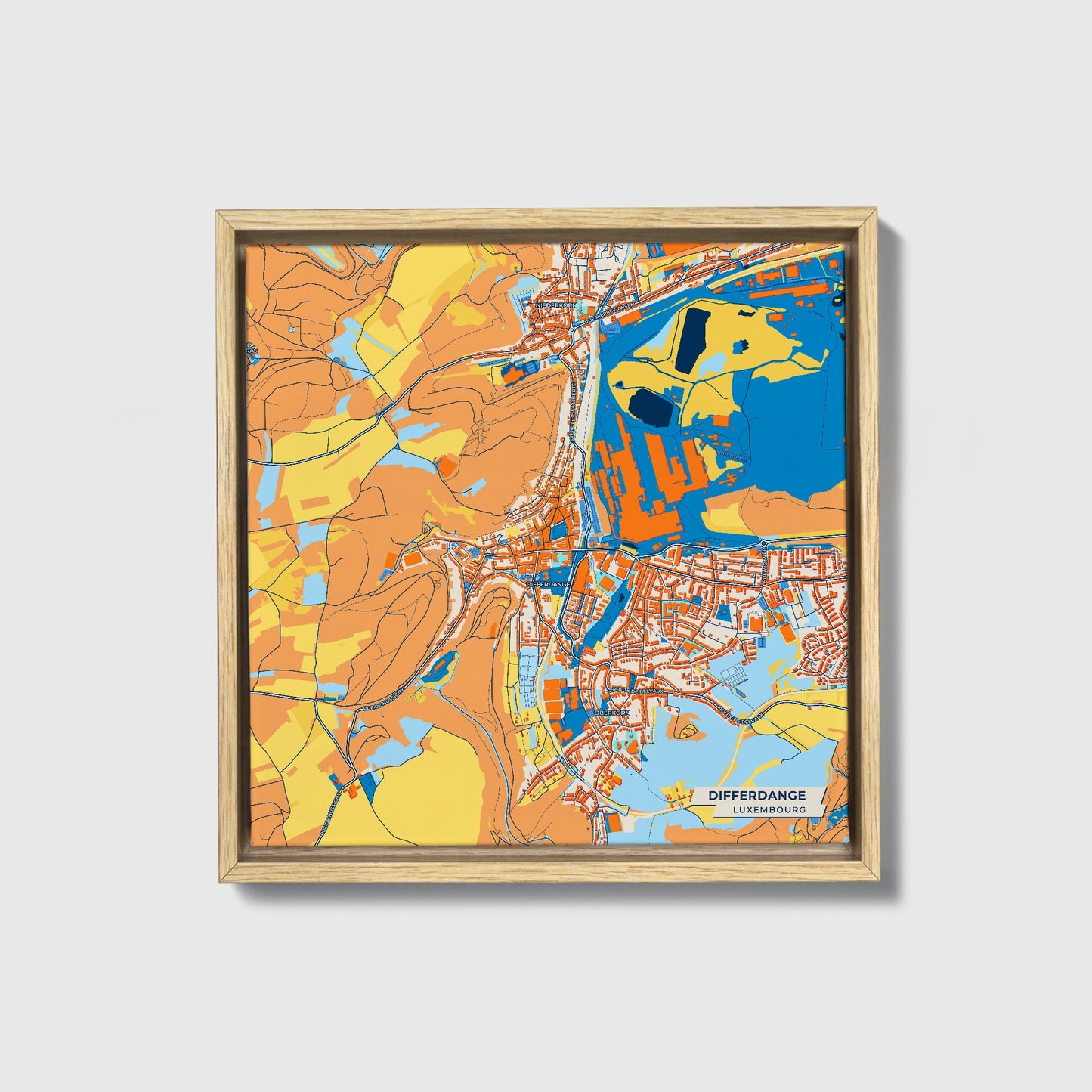 Differdange  Luxembourg Colorful City Map Canvas Print • Natural Wooden Framed
