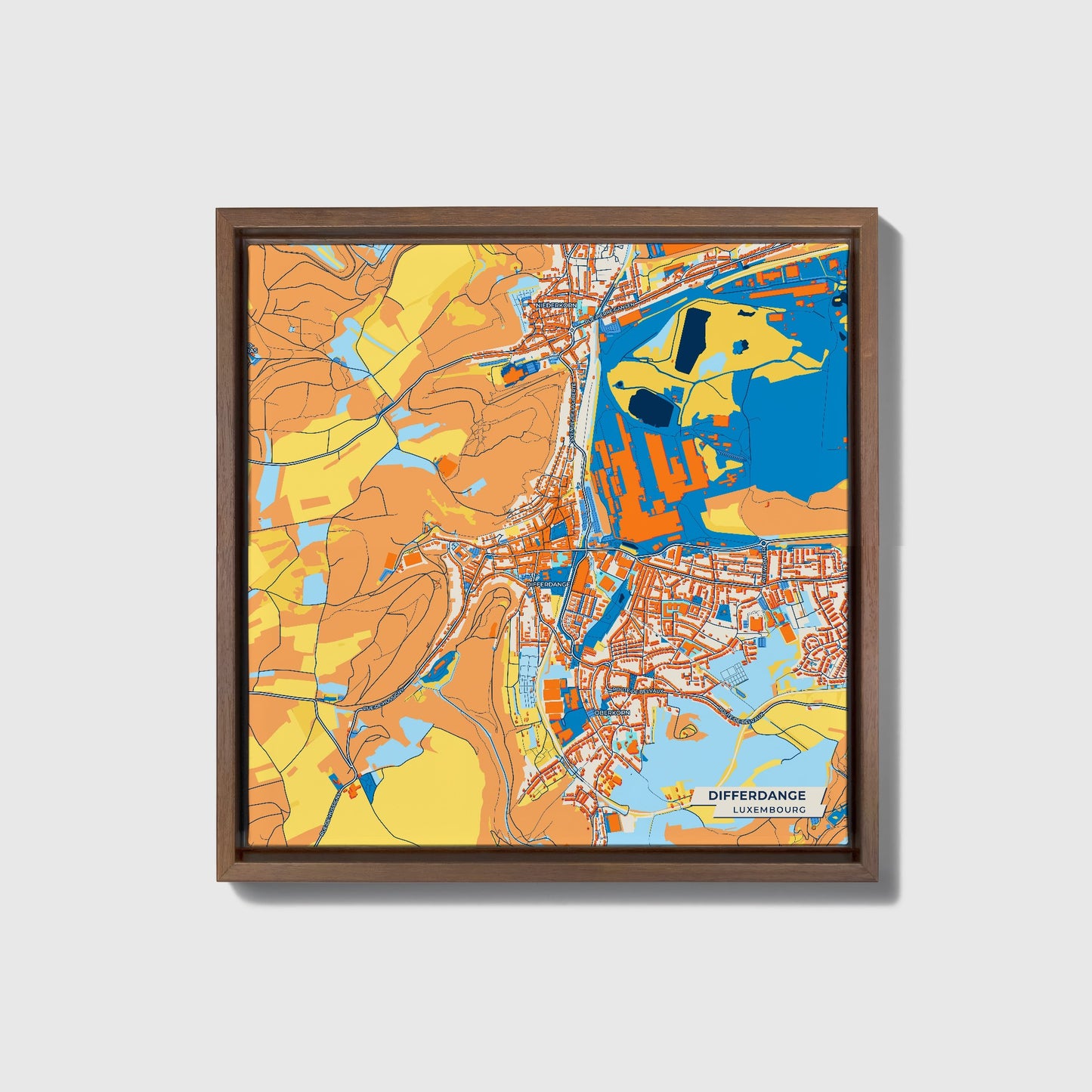 Differdange  Luxembourg Colorful City Map Canvas Print • Dark Wooden Framed