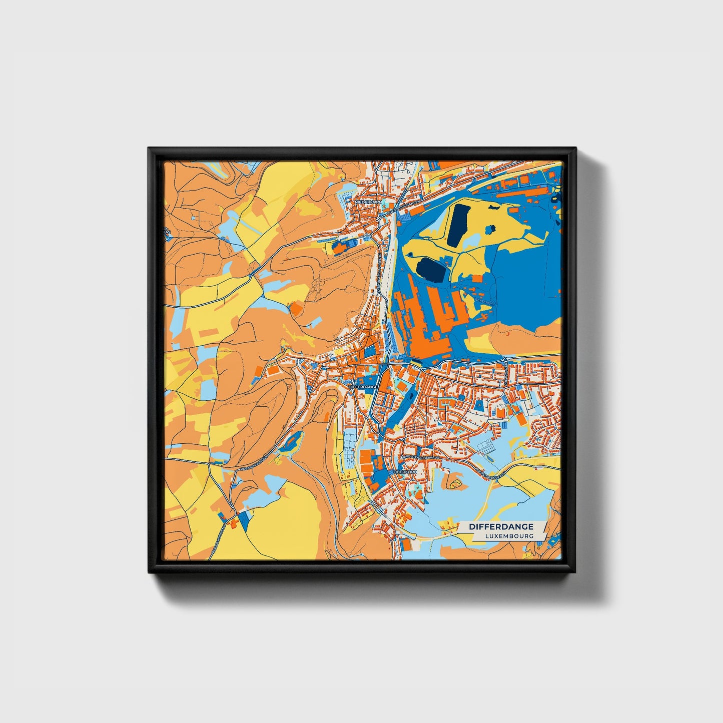 Differdange  Luxembourg Colorful City Map Canvas Print • Black Framed