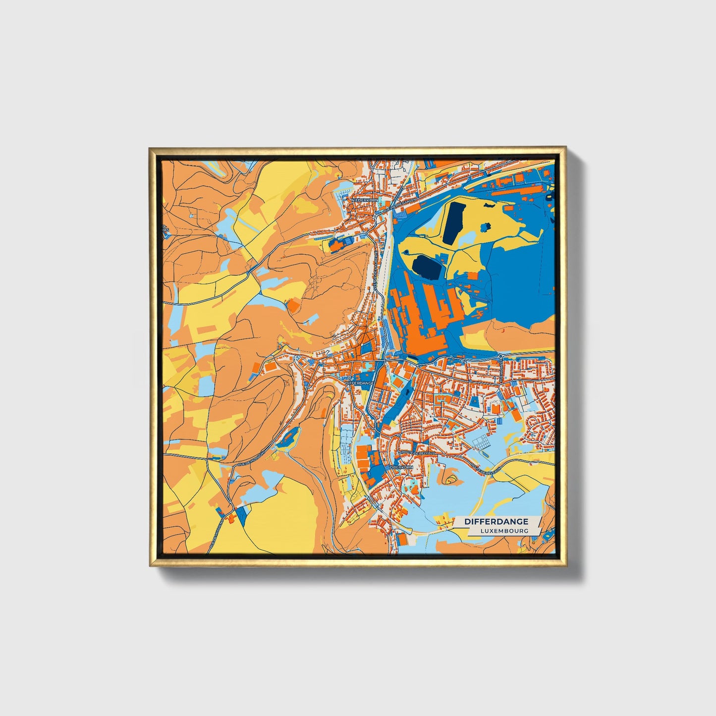 Differdange  Luxembourg Colorful City Map Canvas Print • Gold Framed