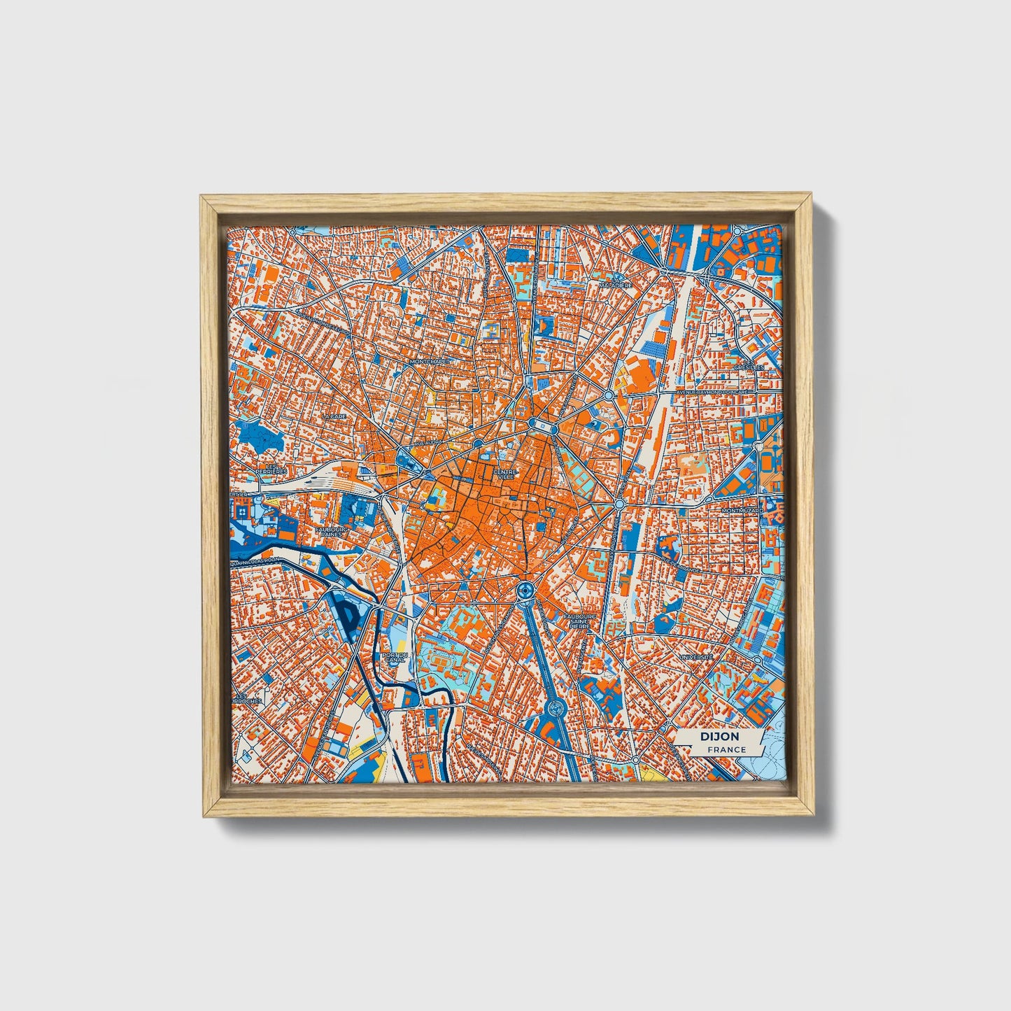 Dijon France Colorful City Map Canvas Print • Natural Wooden Framed
